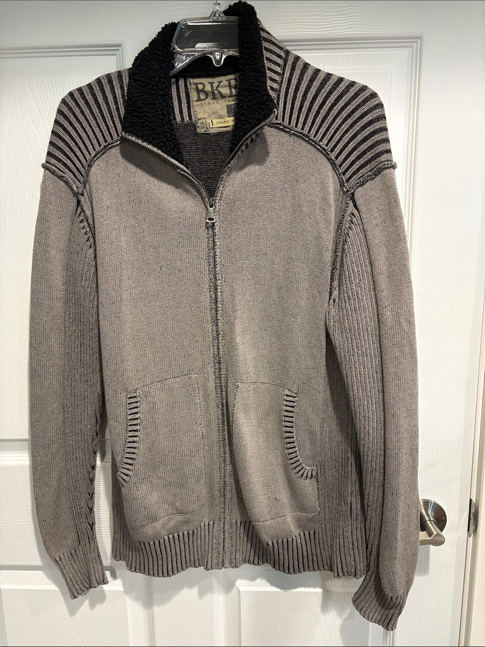 BKE Men's Taupe Gray Full-Zip Sweater with Sherpa Collar